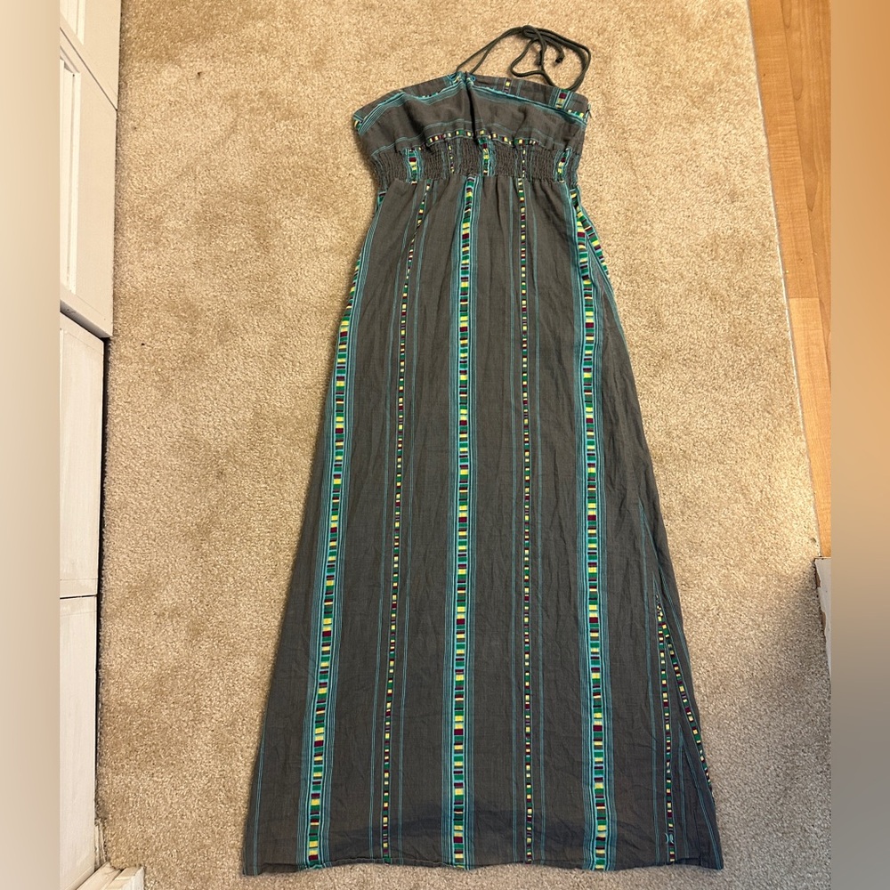 Grey Y2K Hurley Cotton Maxi Dress Halter Neck Colorful Stripes Beachy